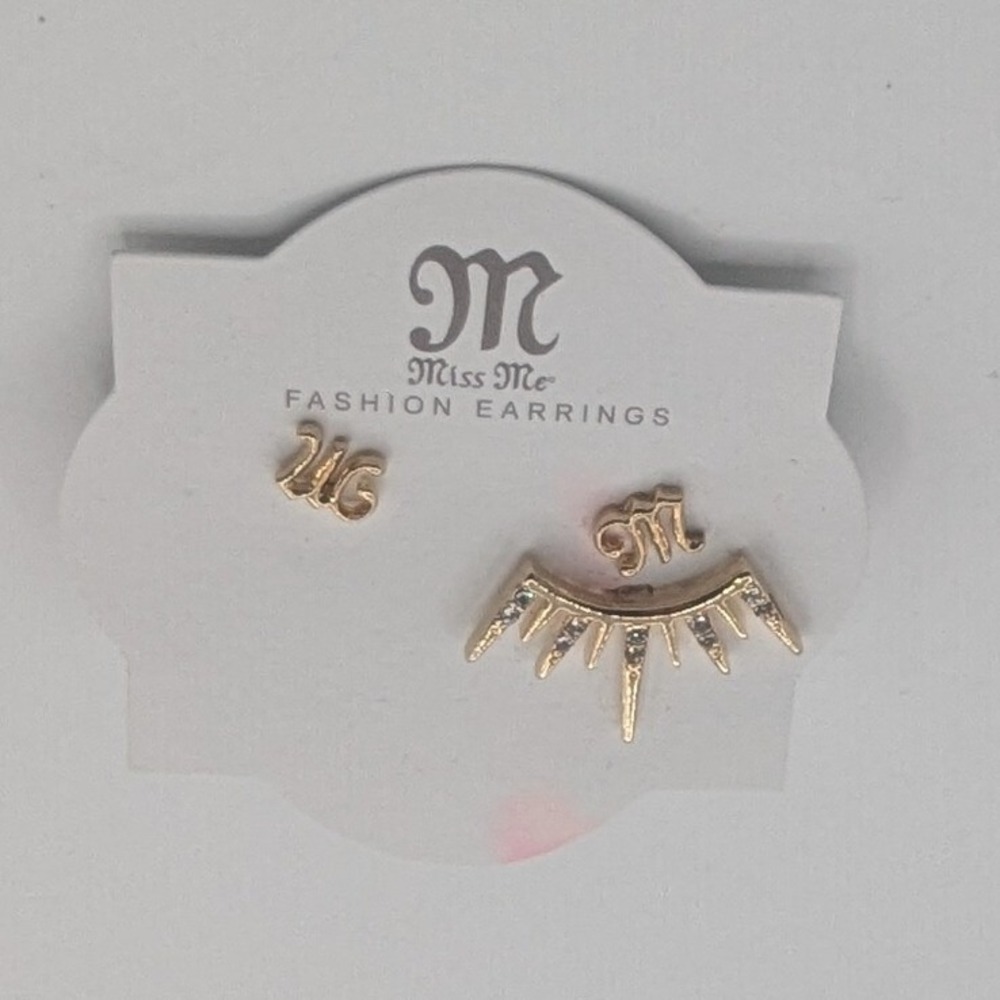 Miss Me Gold Tone Crown and MM Logo Rhinestone Mismatched Stud Earrings NEW